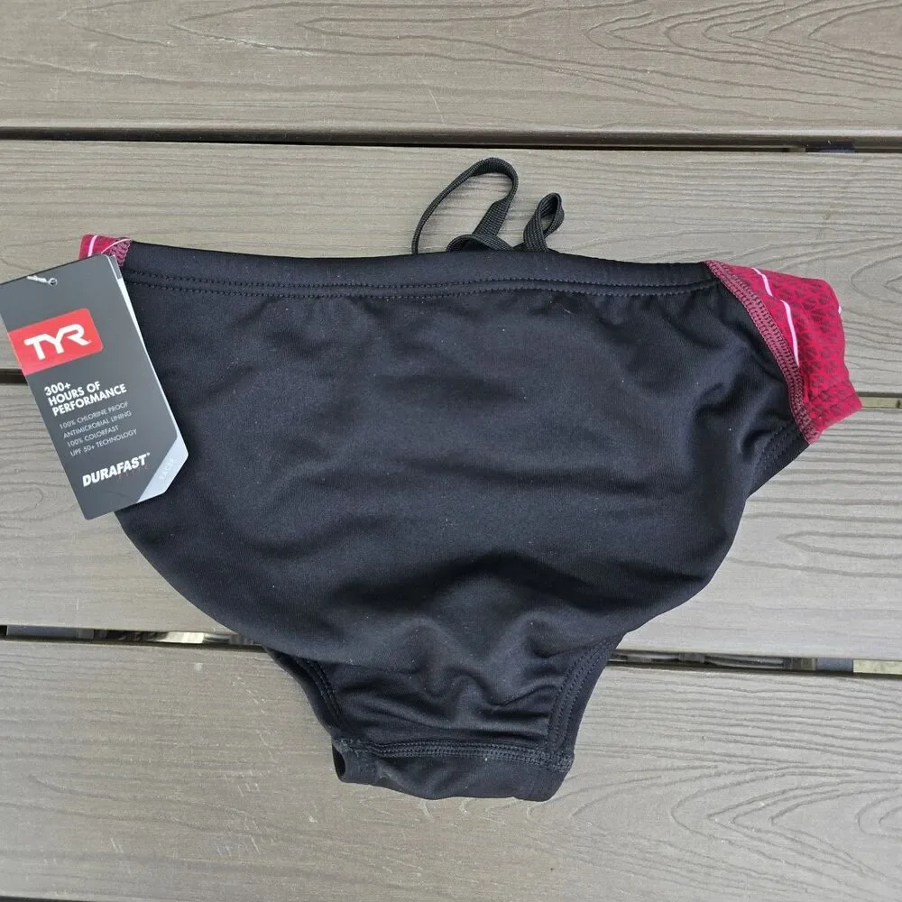 TYR Boy Men's Durafast Elite Phoenix Black/Burgundy Swim Racer Brief SZ 28 New